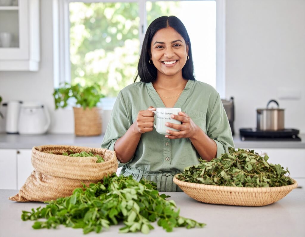 Gardener making moringa tea in kitchen, baskets of leaves