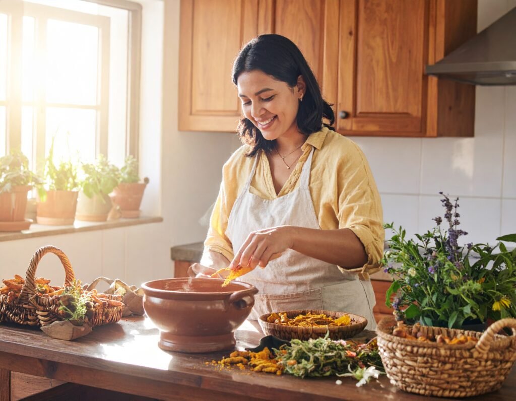 Gardener preparing turmeric tea in kitchen