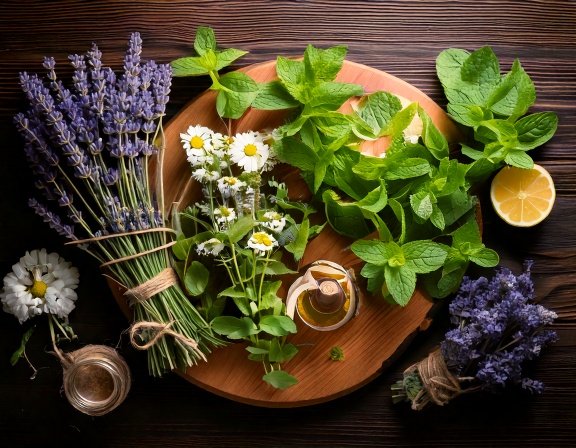 Soothing summer garden, peppermint, lavender, chamomile