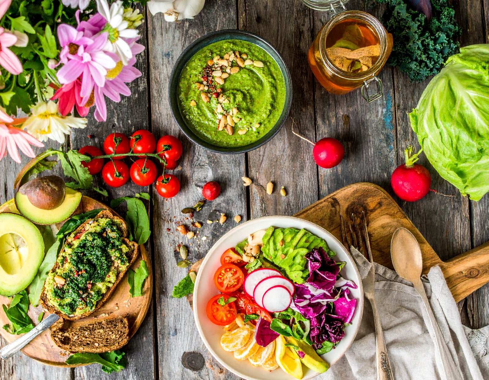 Spring kitchen scene: echinacea tea, garlic kale soup, fresh herbs