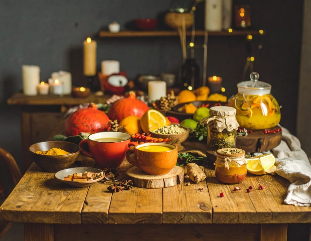 Winter drinks: ginger turmeric tea, golden milk, ashwagandha