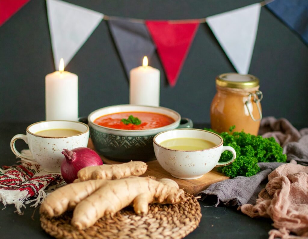 Herbal root tea and broth on winter table