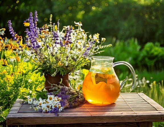 Peppermint, lavender, and chamomile in bloom, iced tea pitcher on table