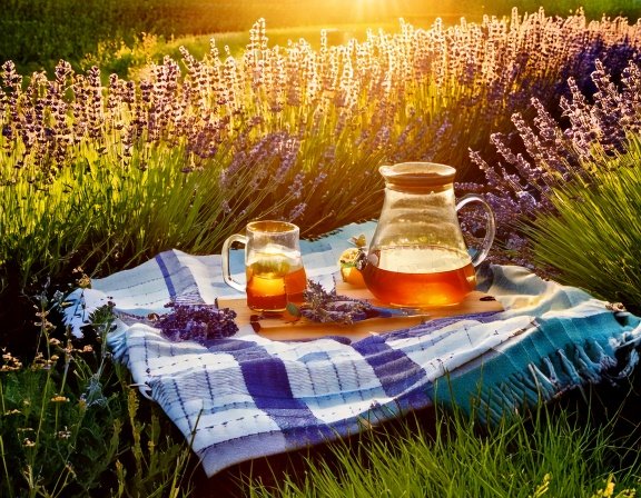 Sun-soaked garden scene with herbs and iced tea
