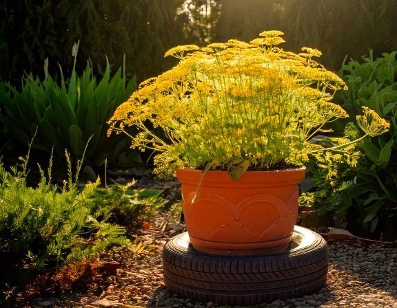 Sunlit dandelion and parsley in clay pot