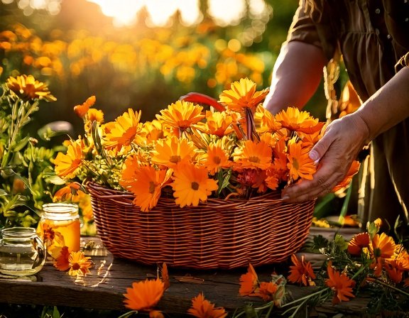 Vibrant calendula flowers, hands gently picking blossoms