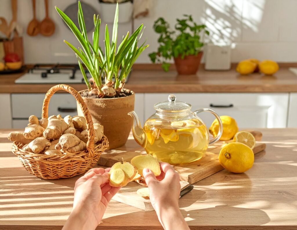 Sunlit kitchen counter with freshly harvested ginger roots, a potted ginger plant, and a teapot with ginger tea