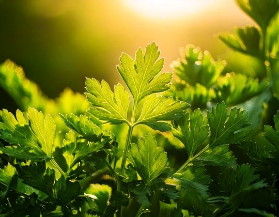Sunlit parsley leaves close view
