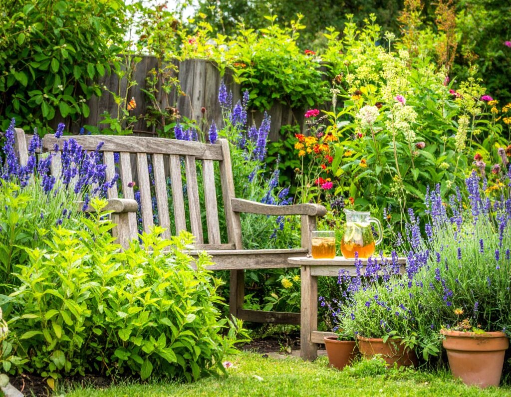 Sunlit summer garden with mint, lemon balm, chamomile, tulsi