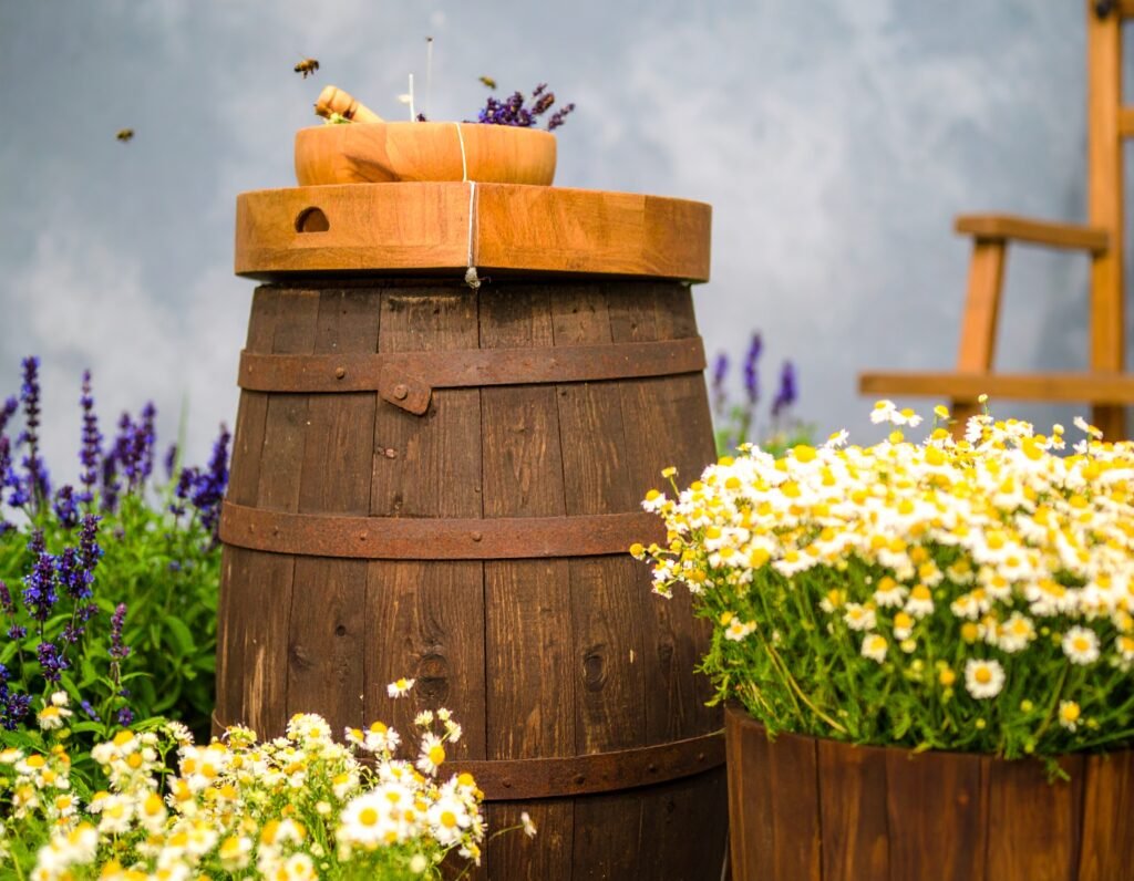 Summer herb bed with lush peppermint, lavender, and chamomile
