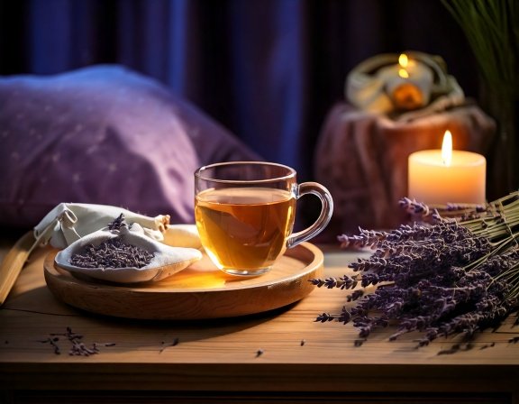 Teacup of steaming lavender tea, bowl of dried buds, eye pillow and sachet for sleep