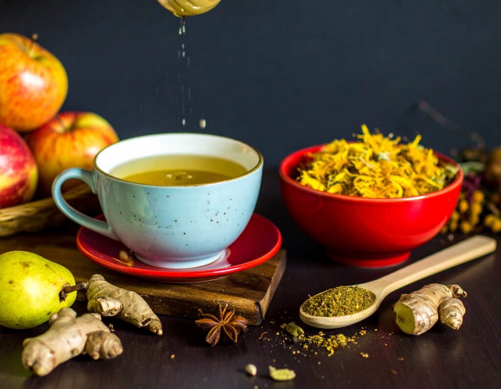 Dandelion tea, calendula salad, herbal oil