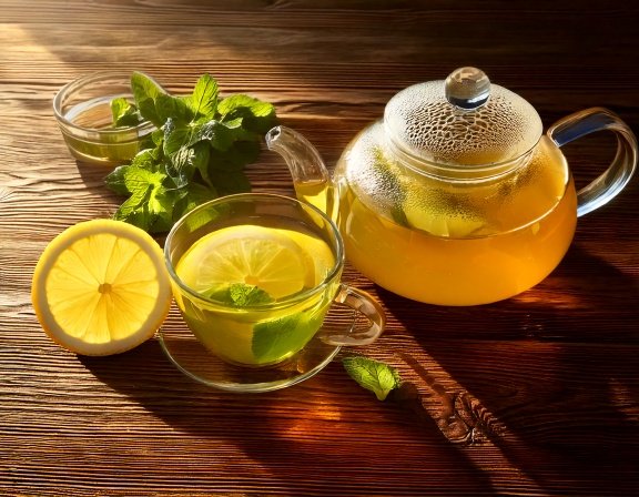 Teapot with vibrant green tea, lemon and mint