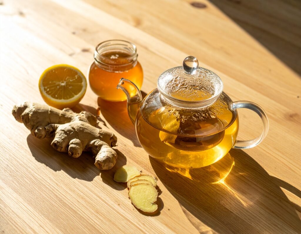 Teapot of steaming ginger tea, fresh ginger slices, and lemon