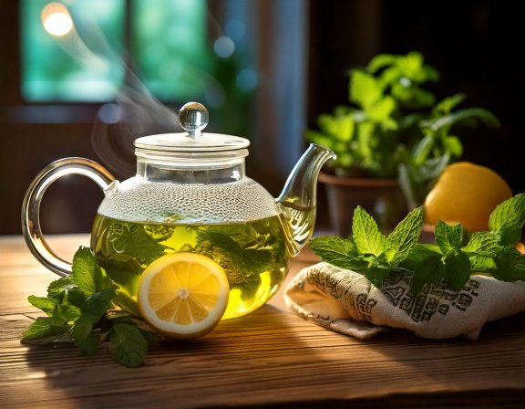 Teapot of peppermint tea with fresh mint leaves and lemon