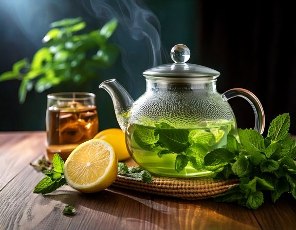 Teapot of peppermint tea and fresh leaves