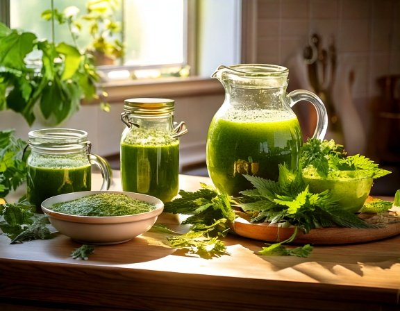 Teapot of vibrant nettle tea, nettle soup, smoothie, jar of tincture