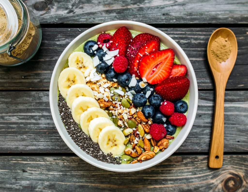 Smoothie bowl with maca, berries, banana, and chia