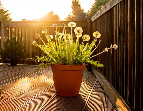 Dandelion plant in a clay pot, sunlit