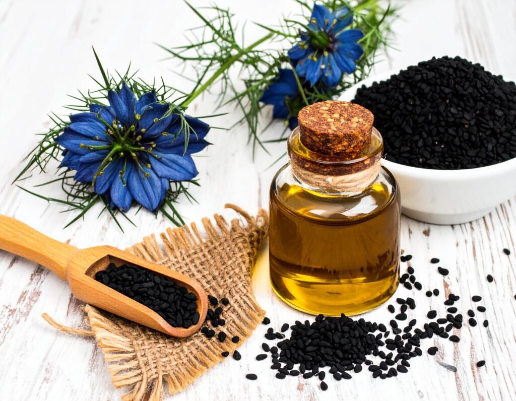 Black seed oil bottle close-up