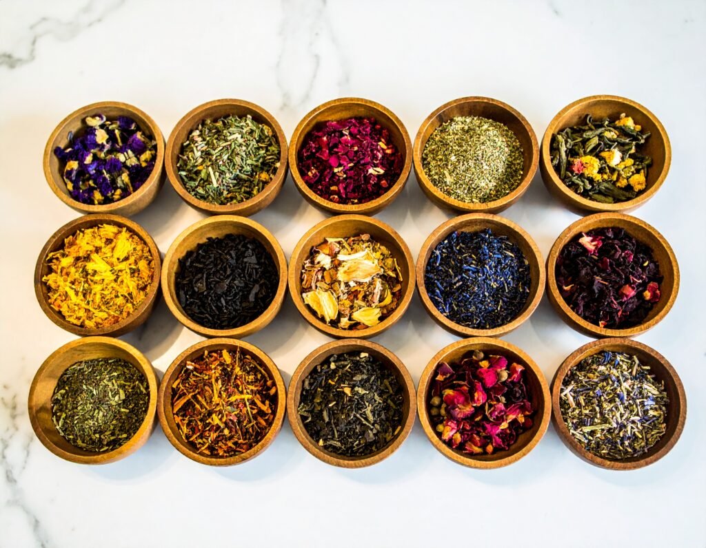 Dried blends for sleep pillows, bath salts, or winter teas