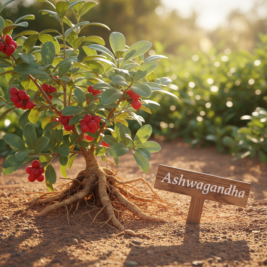Ashwagandha plant in sandy soil with red berries