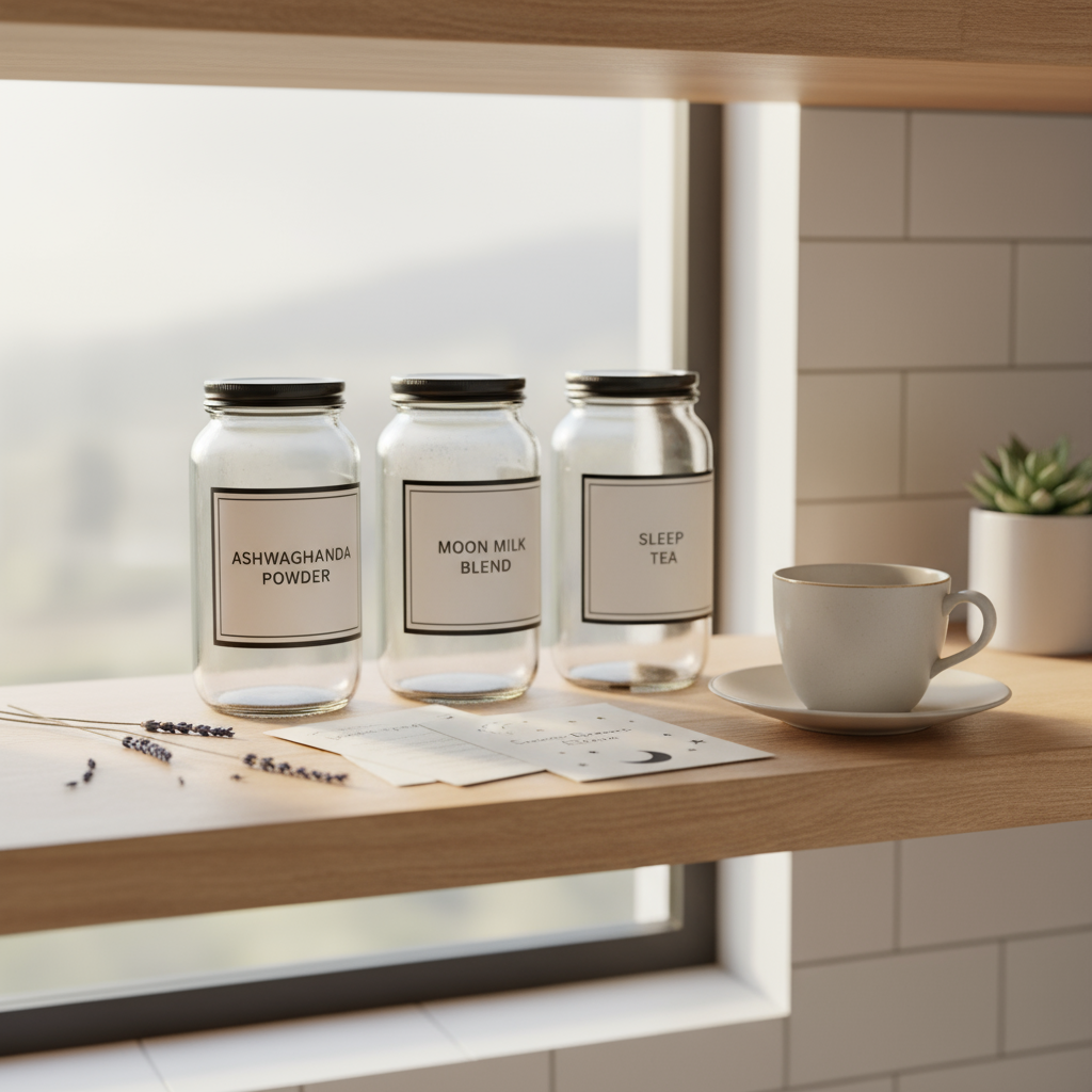 Modern kitchen with ashwagandha powder jar
