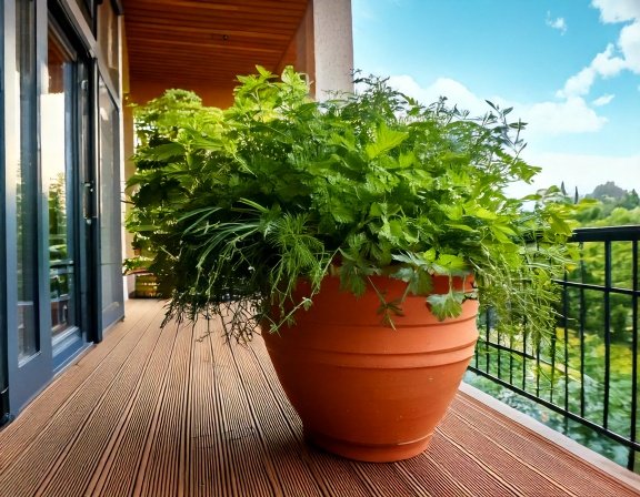 Clay pot with parsley, mint, oregano, nettle