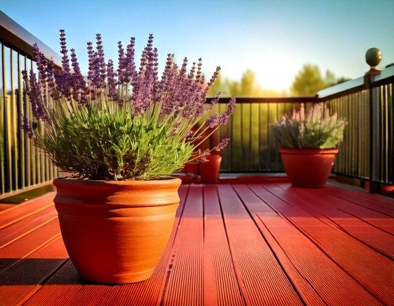 Lavender plant in a clay pot on a balcony