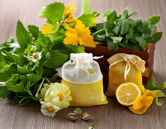 Lemon balm and chamomile for fresh teas and sachets