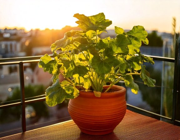 Maca plant in a clay pot on a sunny balcony