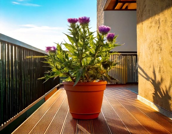 Milk thistle in a clay pot on balcony