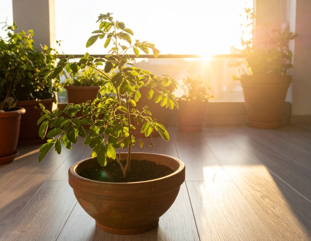 Moringa in pot in the sun