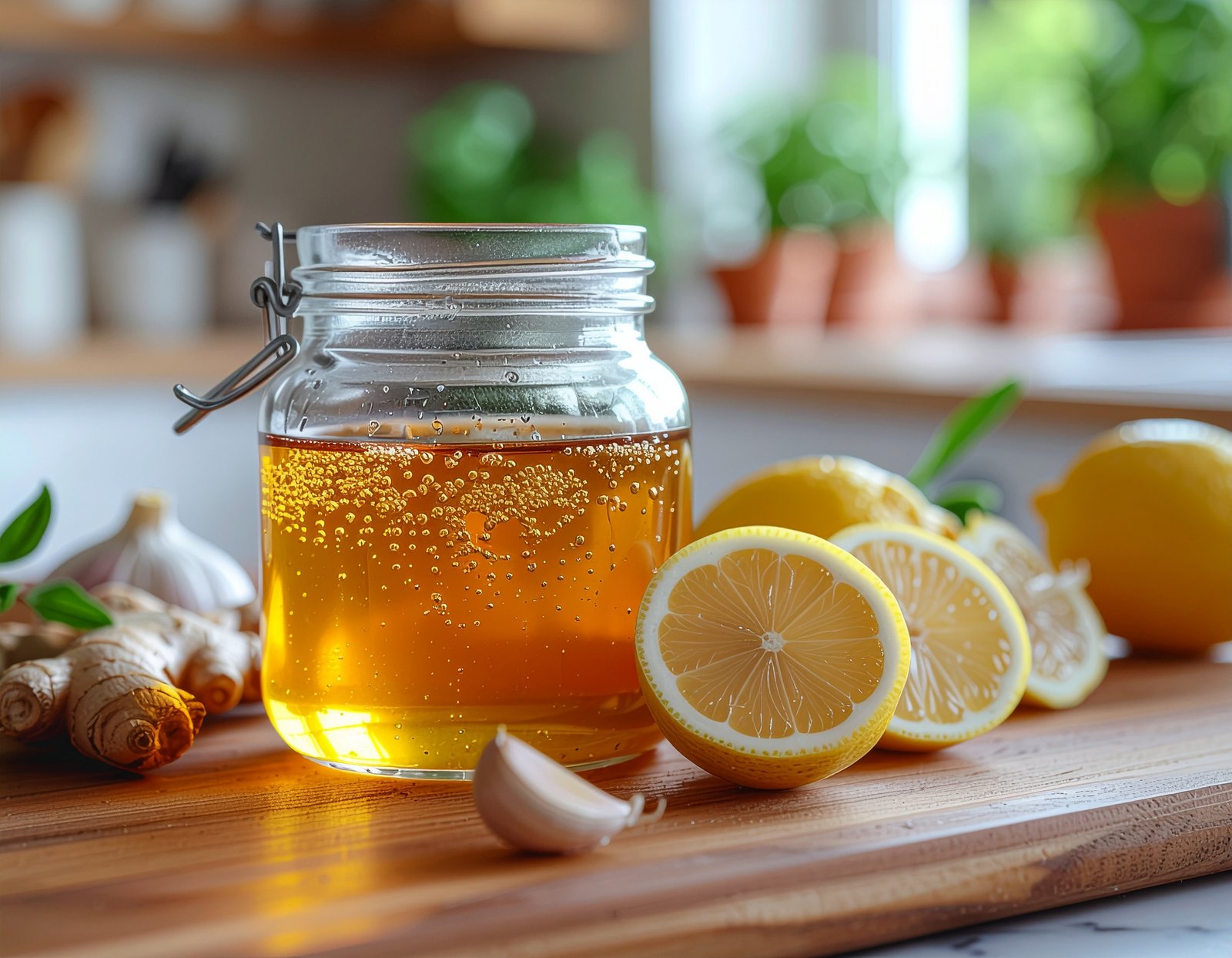 Flat lay of fresh immune-boosting foods: citrus, garlic, ginger, and herbs