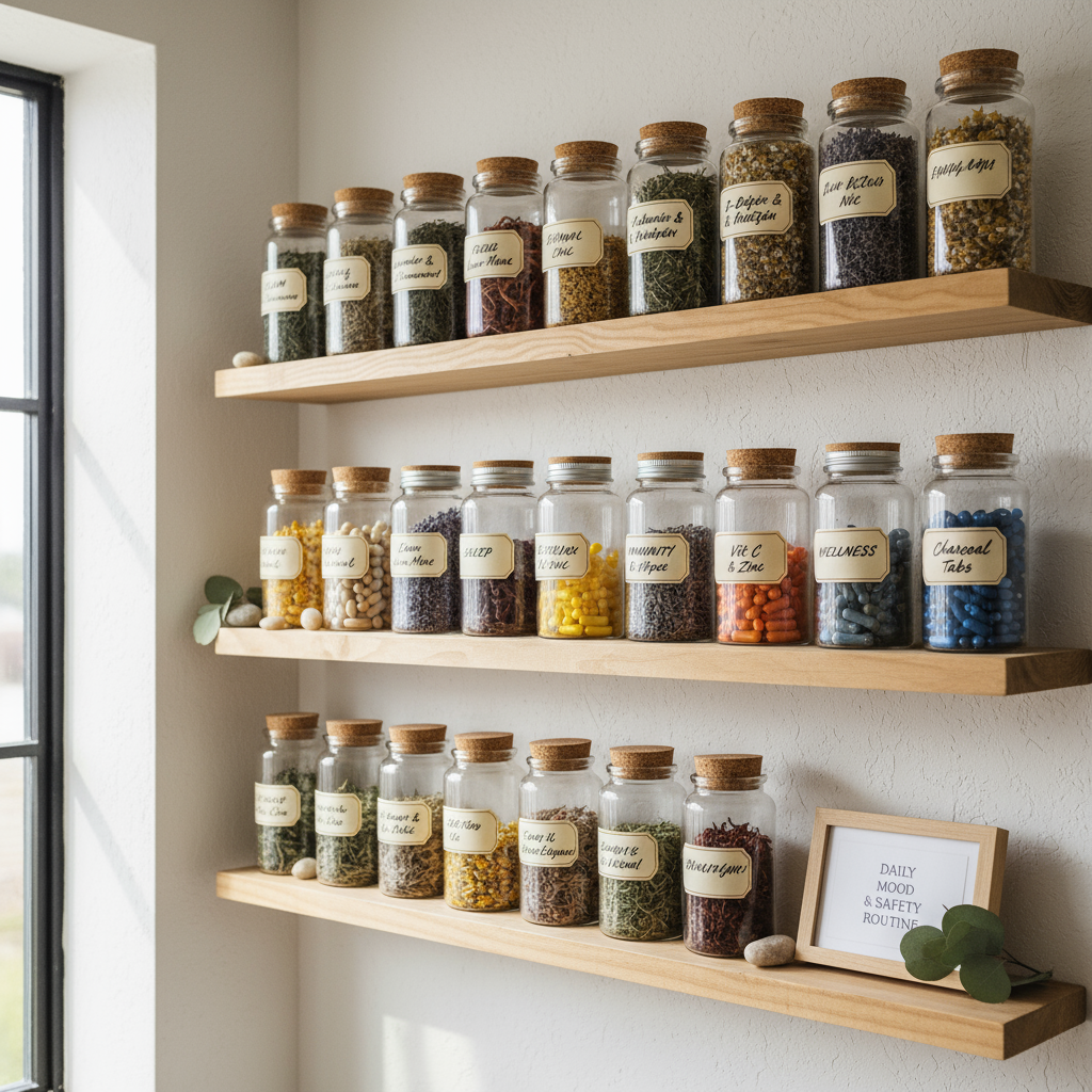 Labeled jars and tools for safe herbal storage