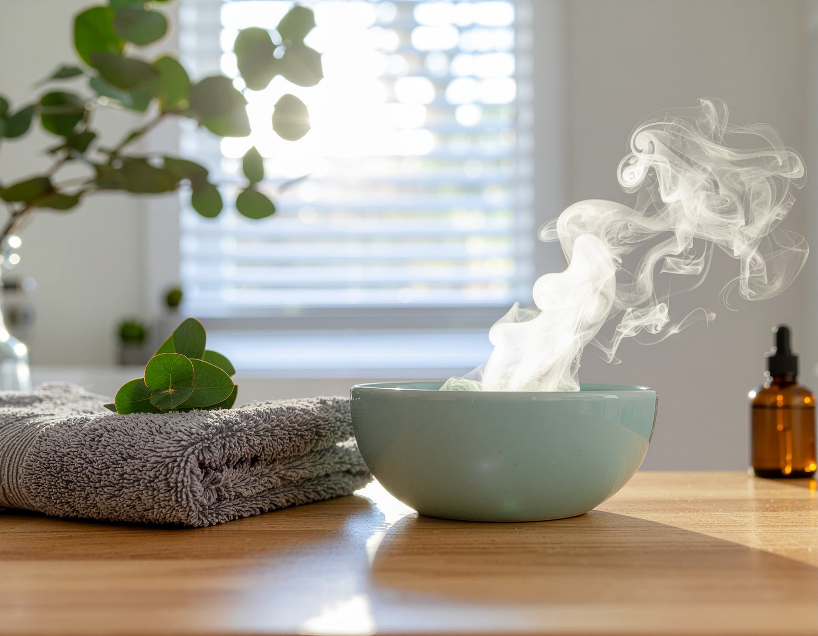 Eucalyptus steam bowl with fresh leaves and towel
