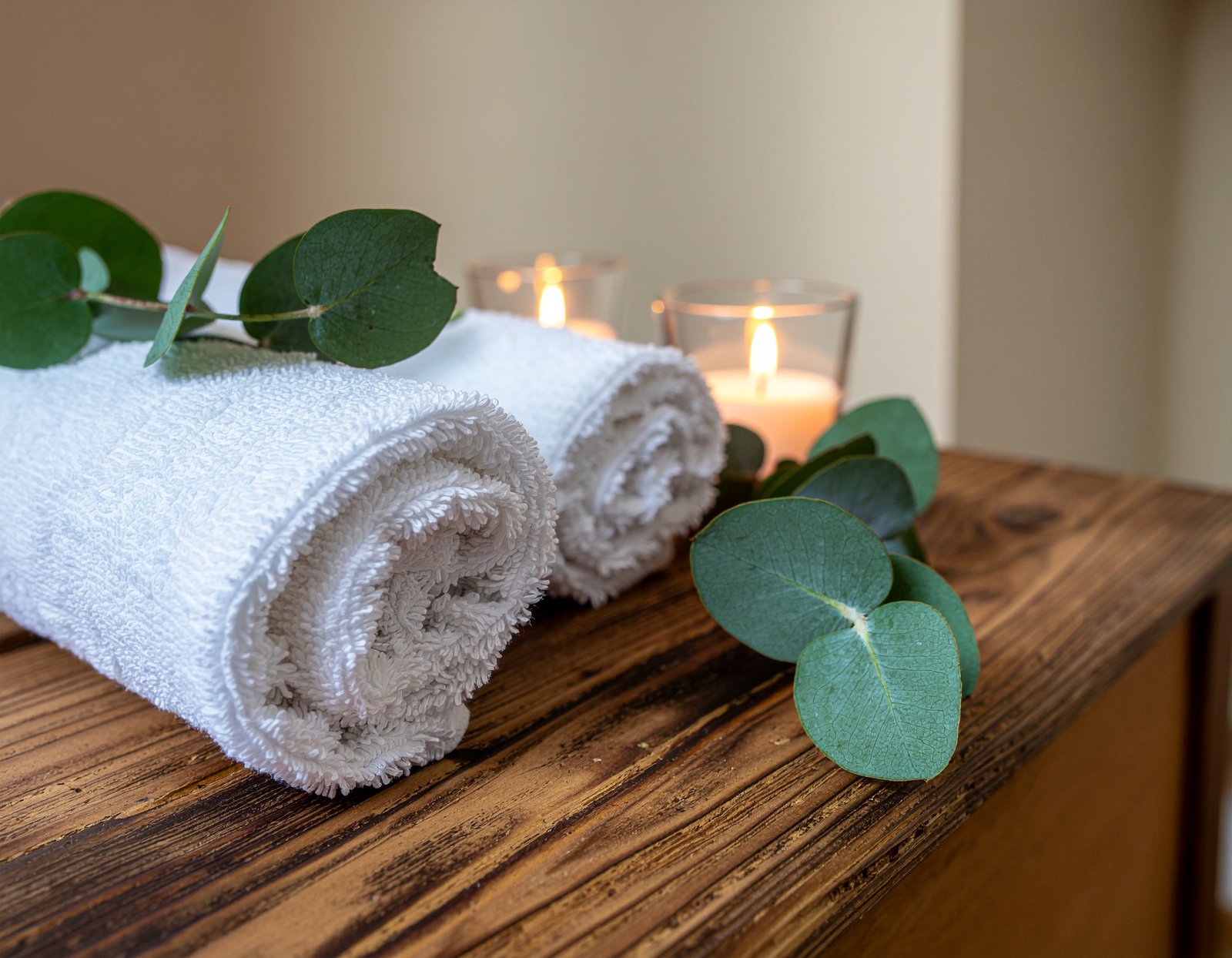 Eucalyptus steam bowl, fresh leaves and towel