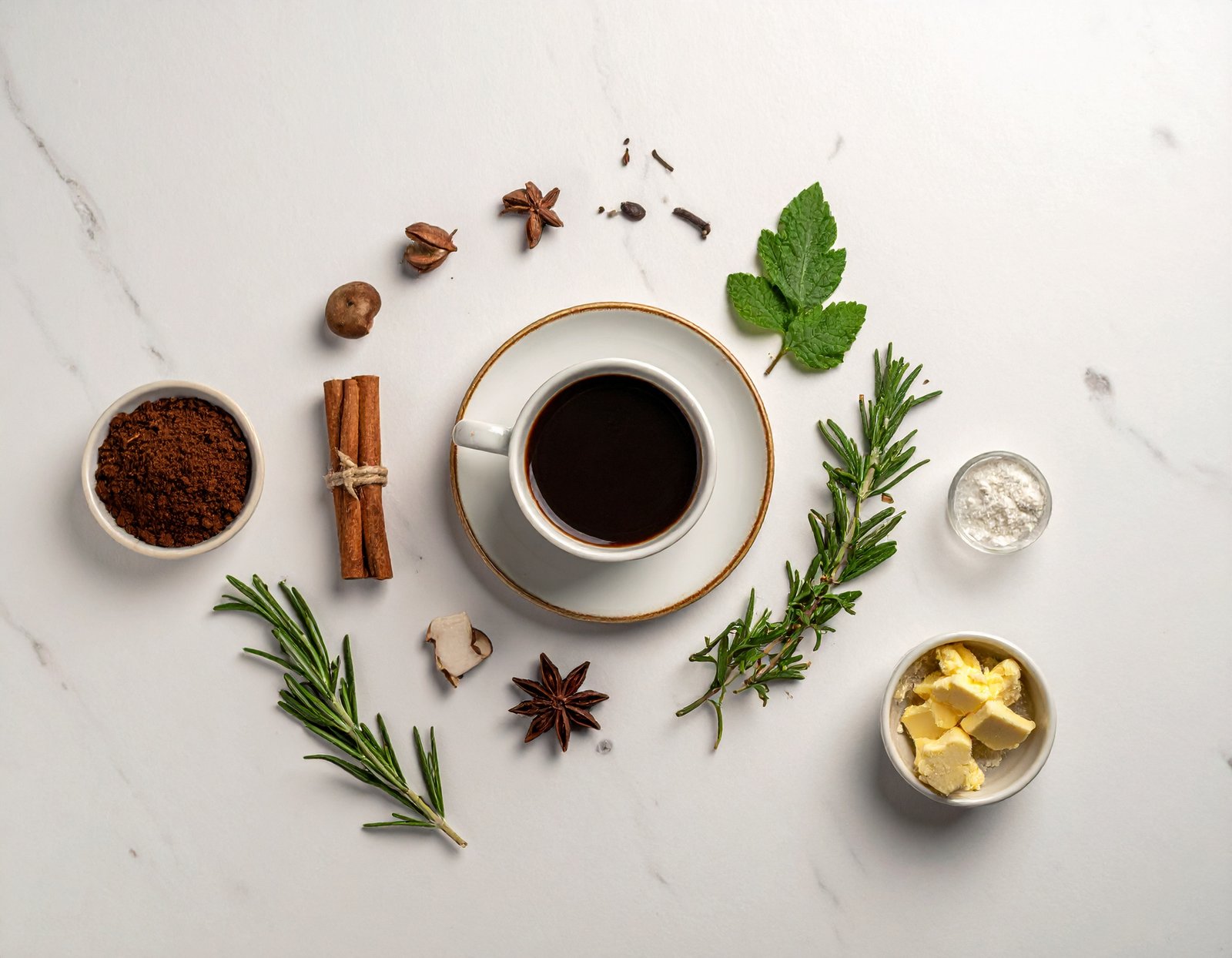 Adaptogenic coffee ingredients flat lay