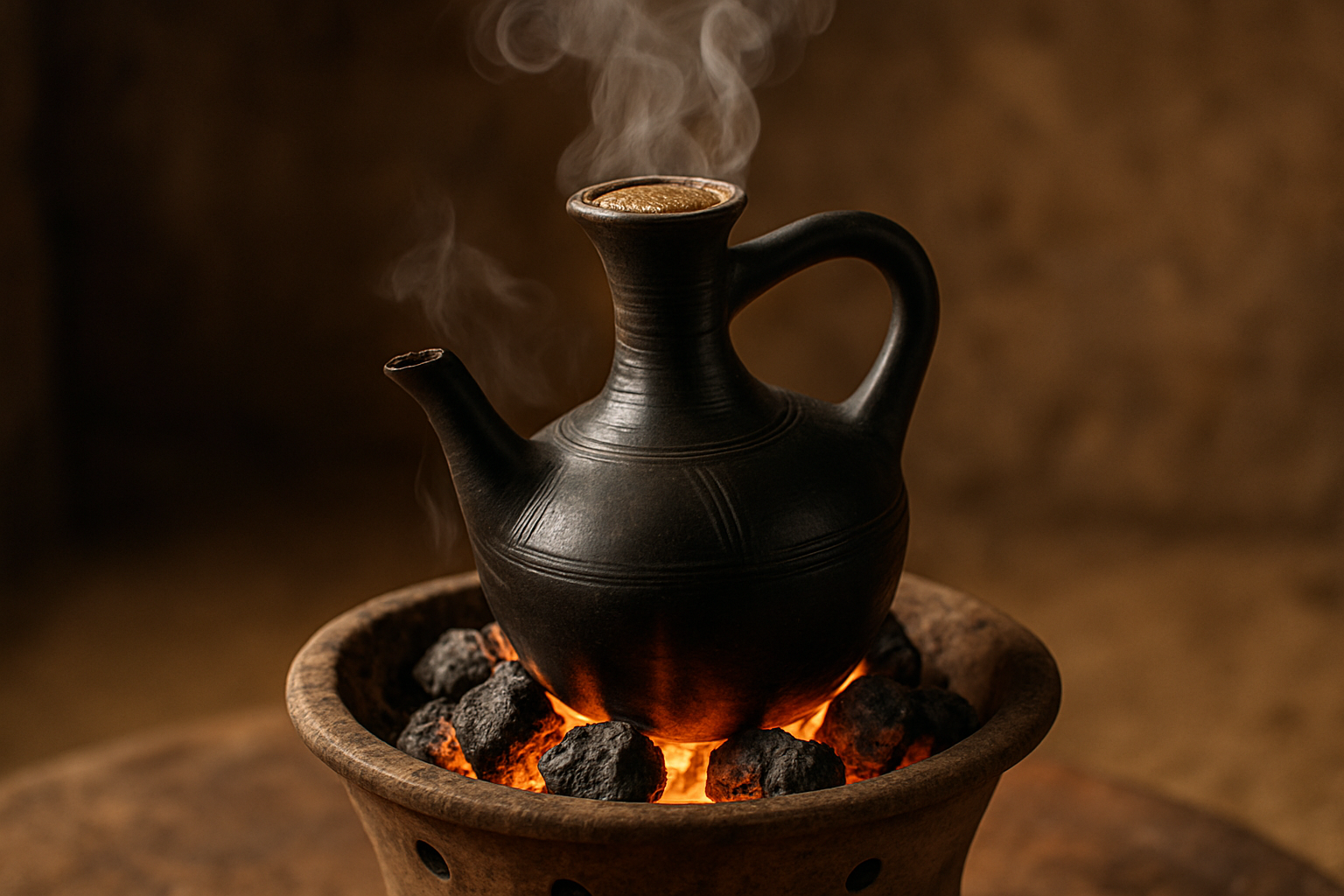 Clay jebena coffee pot on coals