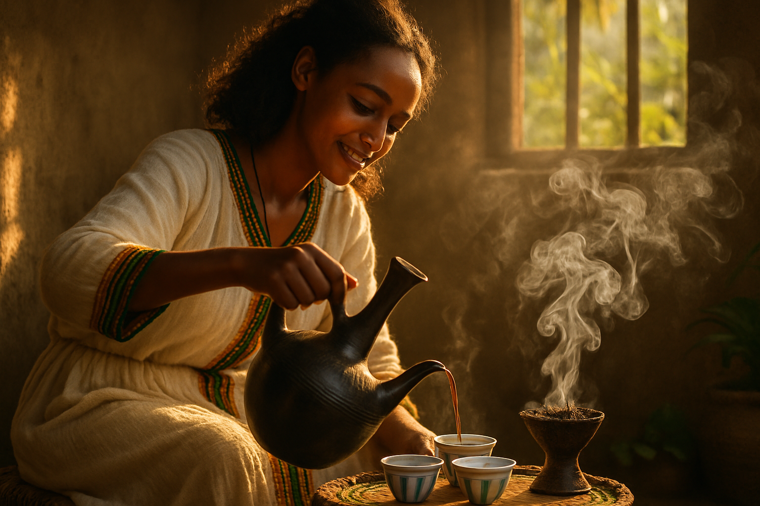 Ethiopian women roasting green coffee beans over charcoal stove