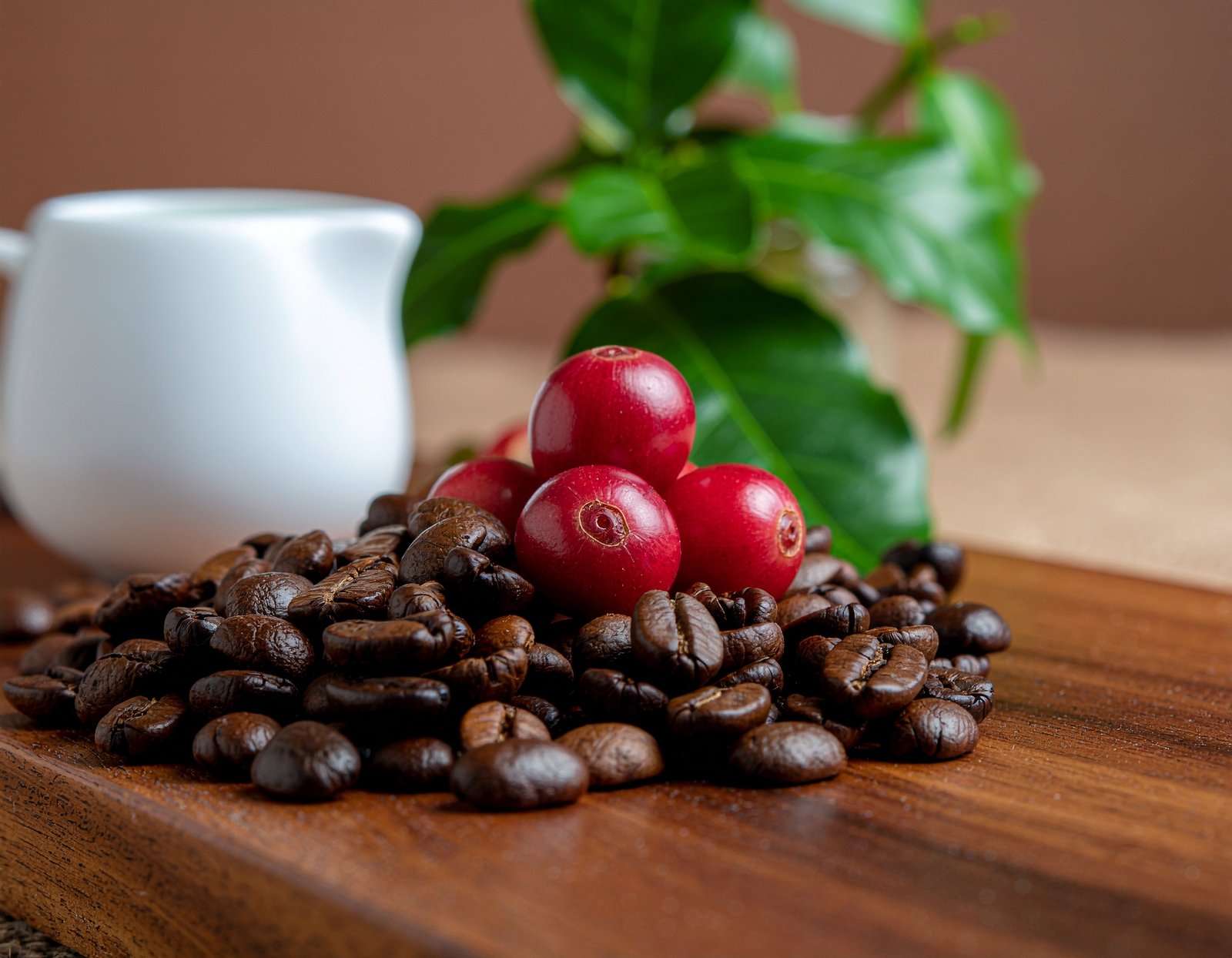 Close-up of coffee cherries and roasted beans with herbs around