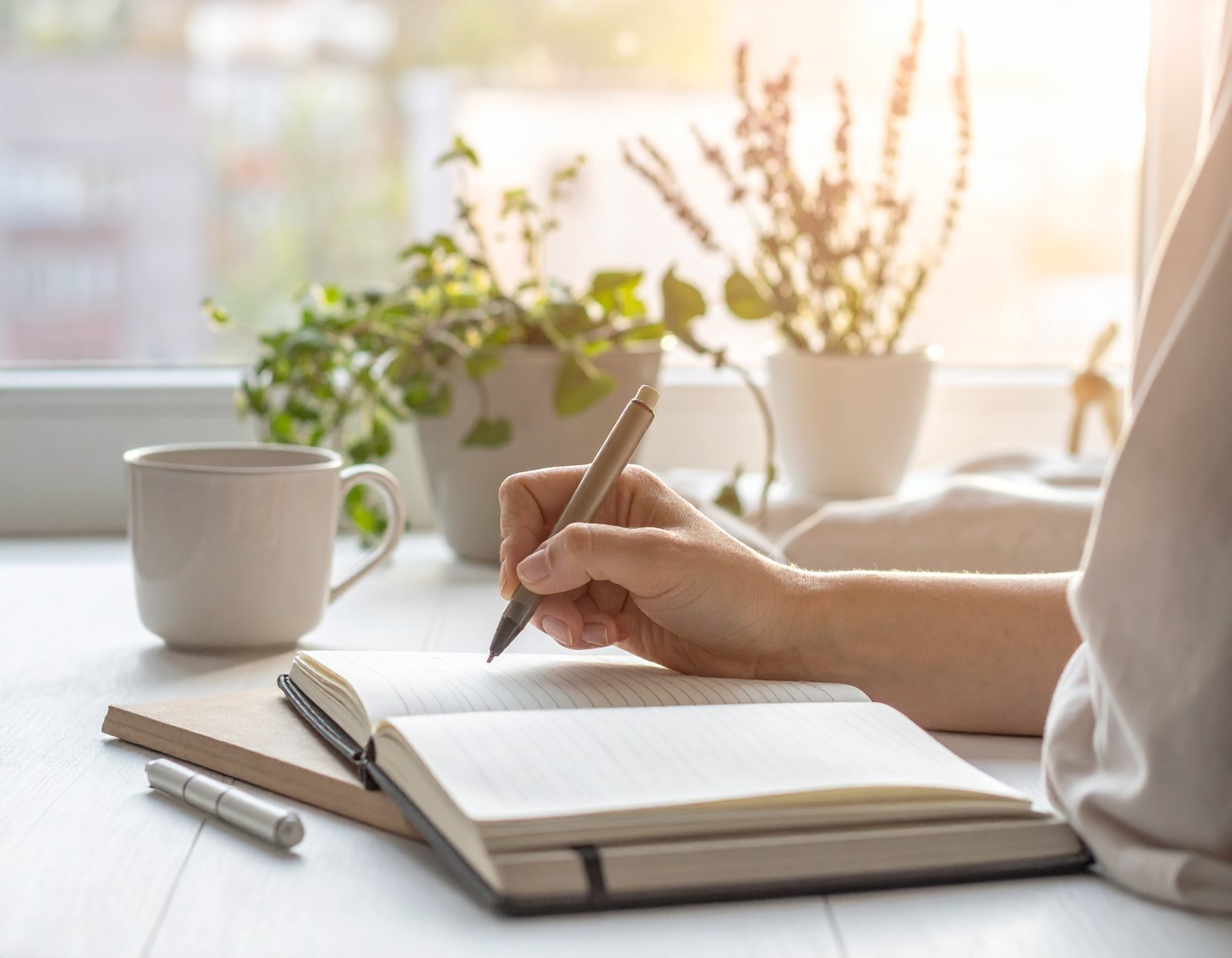 Person journaling with modern coffee setup