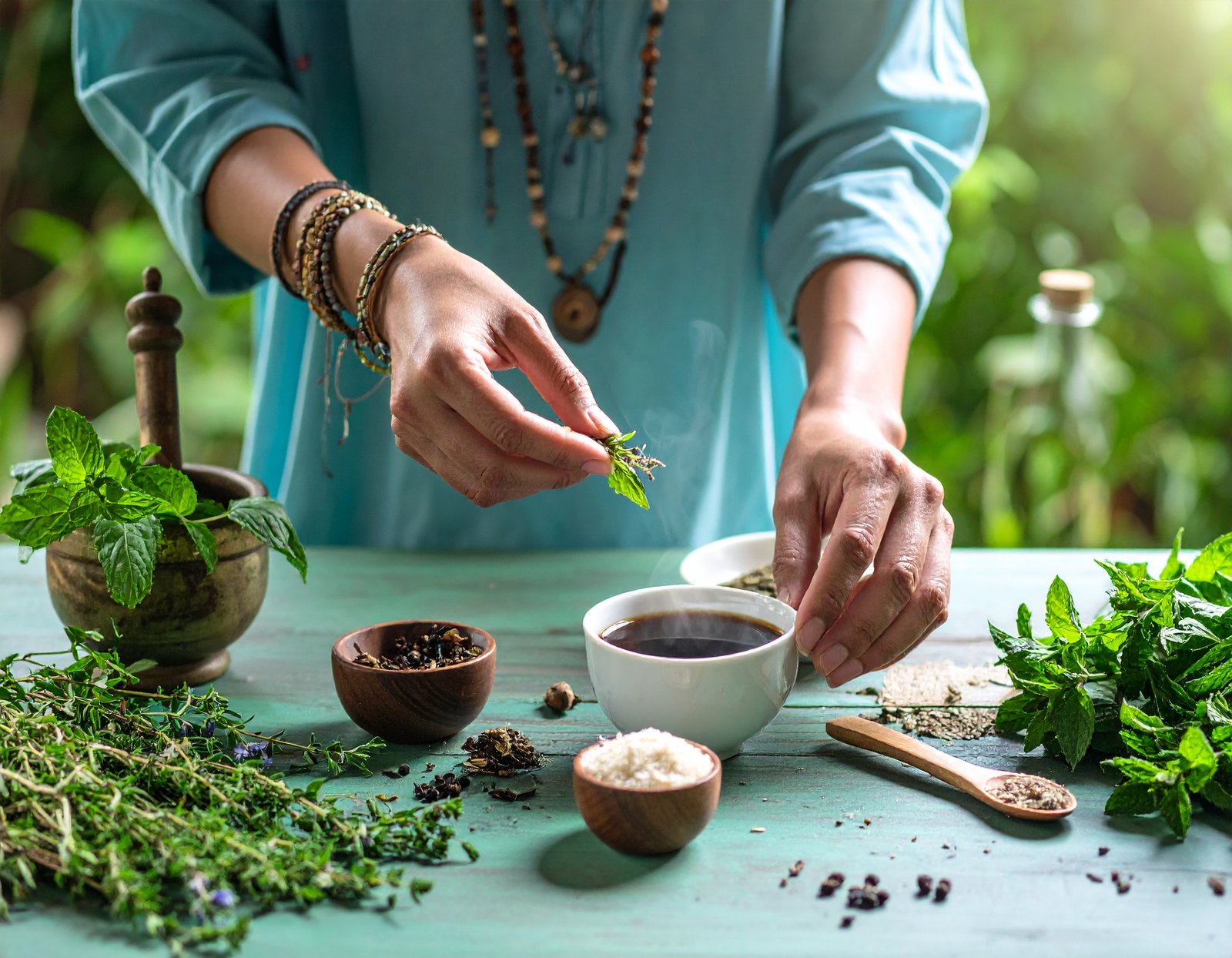 Traditional healer preparing herbs with coffee