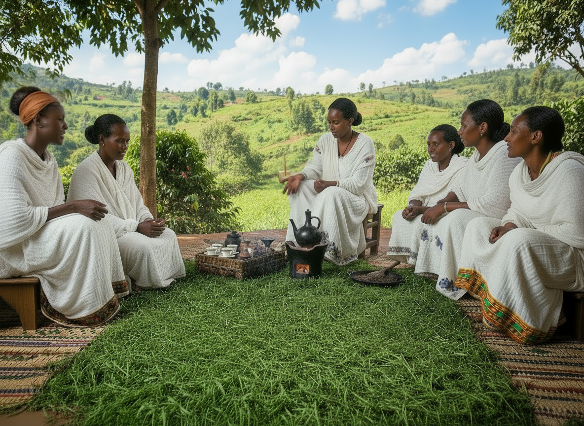 Ethiopian woman roasting coffee beans during traditional ceremony