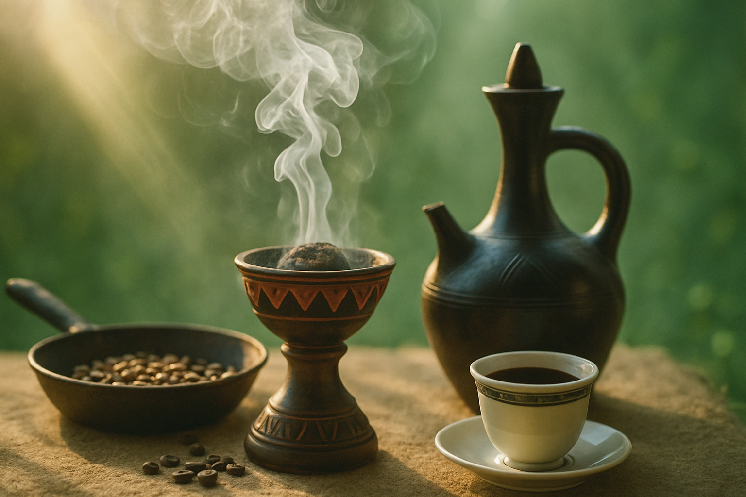 Ethiopian woman brewing coffee slowly in clay pot over charcoal