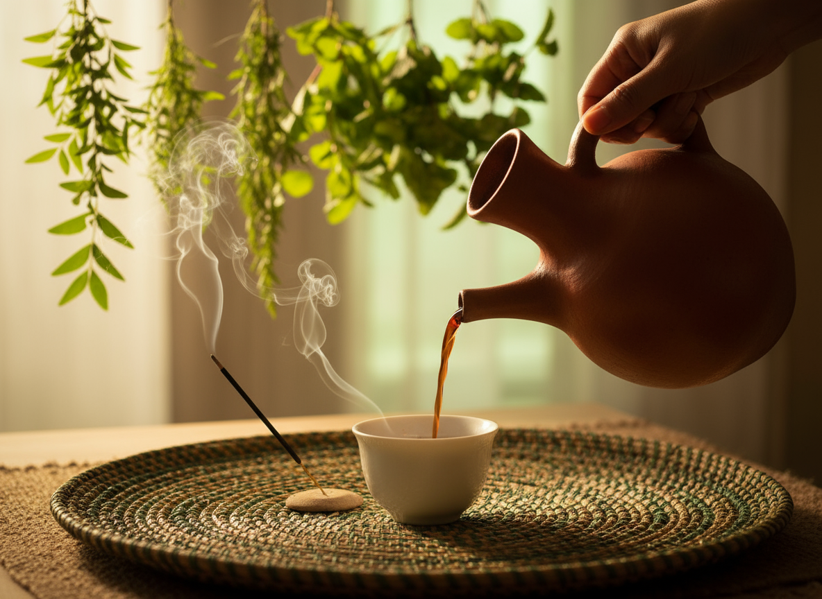 Jebena clay pot pouring coffee into small cups called sini