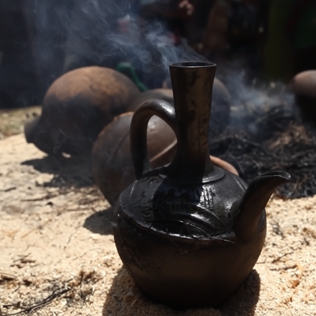 Traditional round jebena resting on clay stool over charcoal fire