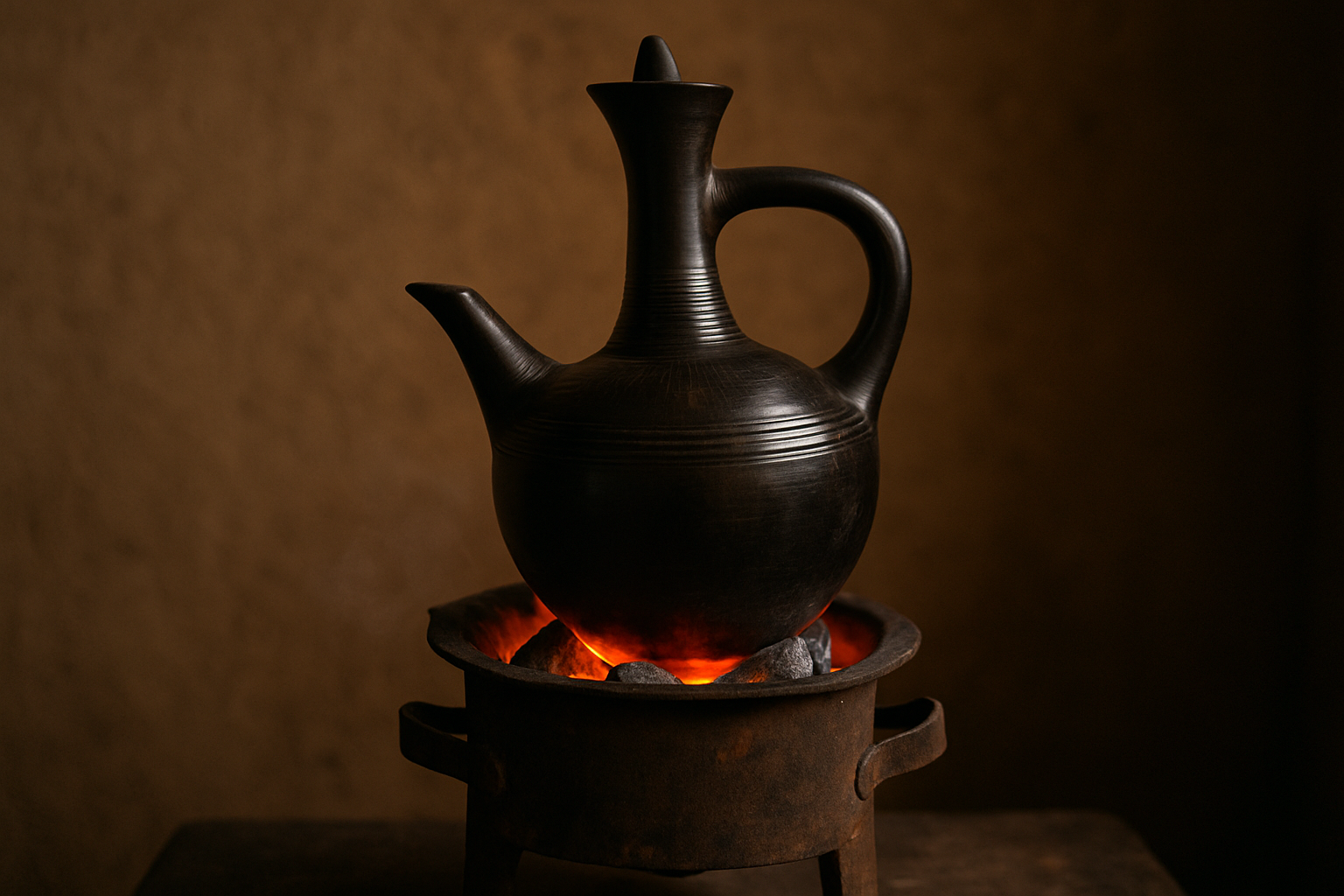 jebena warms just below boiling over a charcoal fire