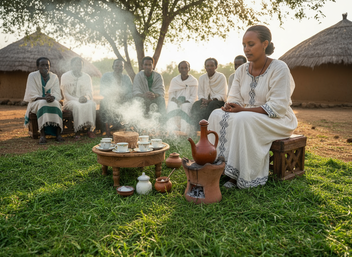 jebena warms just below boiling over a charcoal fire