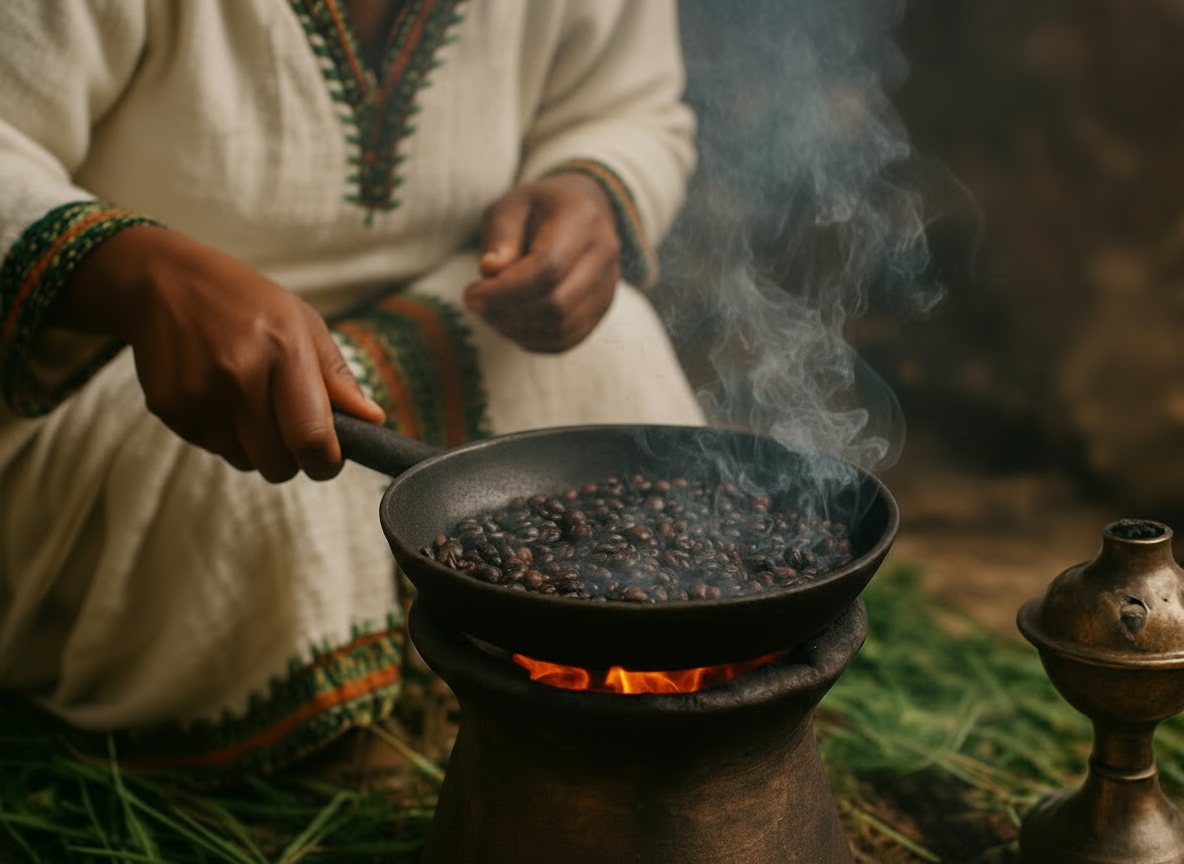 Ethipian coffee ceremony. Close up look of A woman roasting coffee beans over charcoal on the mankeshkesha, until they crackle and darken. The air fills with the fusion of roasted coffee and incense — smoky, earthy, and nostalgic
